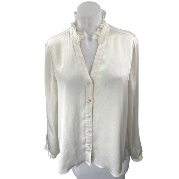 Vince Camuto Tops - Vince Camuto White Silk Satin Ruffle Long Sleeve Button Down Shirt Top Size M